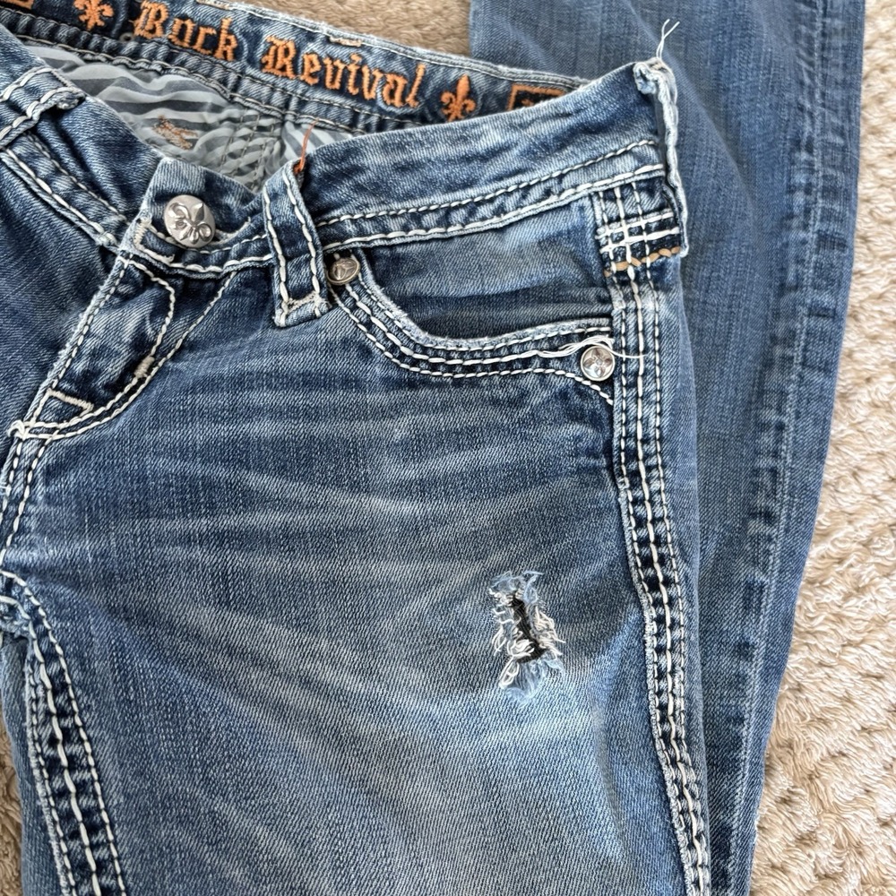 Rock Revival Jeans Size 26 Women's Anja Boot Denim Rhinestones Distressed Blue - Picture 10 of 15